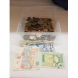 A quantity of coins and some notes including Victoria crown, some silver etc