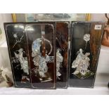 4 inlaid mother of pearl Oriental lacquered wall hangings 48.5 x 19.5 cm