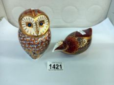A Royal Crown Derby Owl (Gold Stopper) and a Royal Crown Derby bird (Silver Stopper)