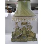 A Regency figure group table lamp with shade, (chip to right side), COLLECT ONLY.