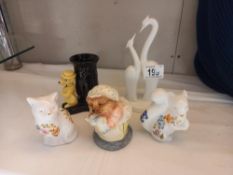 Coalport figurine, Beatrix Potter Mrs Tiggy Winkle and 2 Aynsley figures plus a vintage Sylvac dog