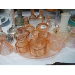 A quanttity of mid 20th century coloured glass dressing table items etc., COLLECT ONLY.