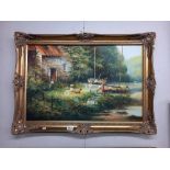 A gilt framed oil on canvas Riverside scene signed Dyer 62 x 87 cm