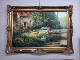 A gilt framed oil on canvas Riverside scene signed Dyer 62 x 87 cm