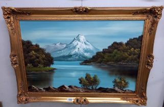 A gilt framed oil on canvas Lakeside Mountain scene signed Rocky 62 x 87 cm