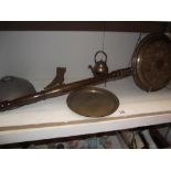 A brass and copperware including warming pan, Lady Godiva tray etc