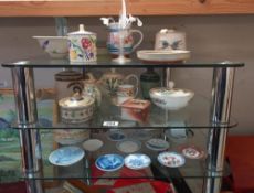 A quantity of small porcelain plates, stoneware pots & vases etc. (3 shelves) COLLECT ONLY