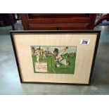 A framed & glazed whimsical cricket watercolour (39cm x 29cm) COLLECT ONLY