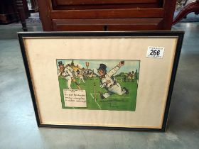A framed & glazed whimsical cricket watercolour (39cm x 29cm) COLLECT ONLY
