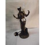 An art deco style bronzed resin figurine table lamp missing shade