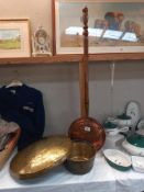 An engraved brass bowl, a brass jam pan & a copper warming pan COLLECT ONLY