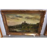 A gilt framed oil on canvas Lincoln Cathedral landscape scene 75 x 105 cm