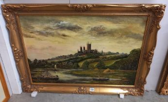 A gilt framed oil on canvas Lincoln Cathedral landscape scene 75 x 105 cm