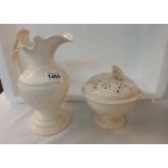 A classical style Leeds ware ewer and creamware serving dish with lid and spoon