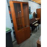 A modern teak corner display cabinet, COLLECT ONLY.