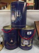 3 boxed Bells whisky decanters Queen mums 90th birthday, Beatrice and Eugenie unopened, rust pitting