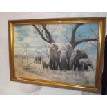 A gilt framed oil on board painting of a herd of elephants by Barry Bailey 81cm x 61cm COLLECT ONLY