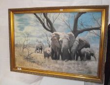 A gilt framed oil on board painting of a herd of elephants by Barry Bailey 81cm x 61cm COLLECT ONLY