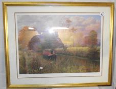 A limited edition print of a narrowboat in the countryside signed W.R.Makinson COLLECT ONLY