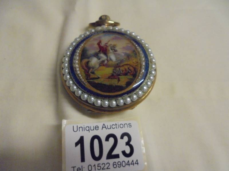 An ornate enamelled full hunter pocket watch in working order. - Image 3 of 10