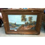 A gilt framed oil on board windmill & cottage, frame A/F COLLECT ONLY