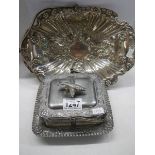 A silver plate sardine dish and a silver plate tray.