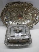 A silver plate sardine dish and a silver plate tray.