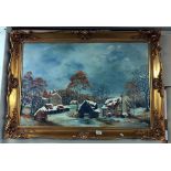 A gilt framed oil on canvas of Snow scene 105 x 75 cm