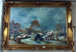A gilt framed oil on canvas of Snow scene 105 x 75 cm