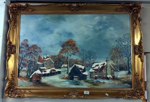 A gilt framed oil on canvas of Snow scene 105 x 75 cm