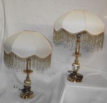 A pair of decorative brass table lamps with beaded shades COLLECT ONLY