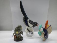 Three ceramic bird figure marked USSR, Bellwood and Barmouth pottery.