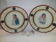 A pair of collector's plates and patch boxes featuring Napoleon Bonepart and Marie Louise.