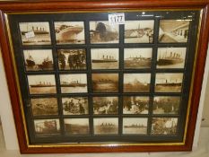 A framed and glazed collection of black and white nautical photographs including The Titanic,