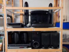Samsung speaker system, Sony speakers, Toshiba and Phillips DVD player etc (2 shelves) Collect only