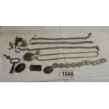 A quantity of watch chains, watch keys, badges etc.,