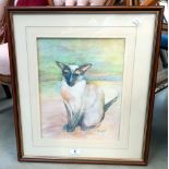 A framed & glazed print of a Siamese cat, signed Mona Art (47cm x 54cm) COLLECT ONLY