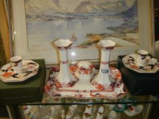 A pair of Mason's chamber candlesticks, another pair of candlesticks etc.,