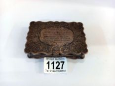 A Birmingham silver 1871 George Unite large snuff box with engraved lid, 10cm x 6.75cm x 2cm. 190.