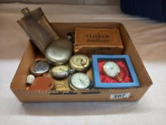 Tray of misellaneous including hip flasks, masonic collapsible cup etc