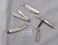 5 silver bladed Mother of Pearl penknives