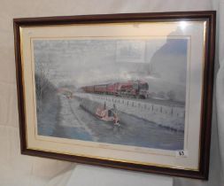 A signed print titled 'Autumn frosts' by B.J.Freeman of steam train above narrowboat COLLECT ONLY