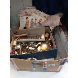 A box of linen, sewing items, buttons, sewing patterns & gloves etc. COLLECT ONLY