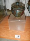 A Chinese 'Plique-a-Jour' Cloissonne' brass and glass lidded pot.