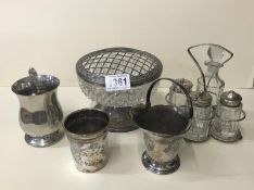 A quantity of silver plate items including glass condiment with silver plate tops