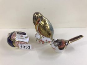 3 Royal Crown Derby Paperweights with gold stoppers, including Long Tailed Tit