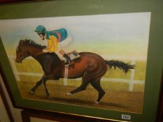 A 20th century pastel work of a race horse & jockey scene signed but indistinct.