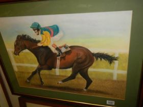 A 20th century pastel work of a race horse & jockey scene signed but indistinct.