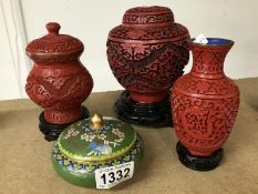 3 Cinnabar Vases on bases and Chinese cloisonne lidded pot