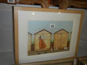 A framed and glazed beach hut scene, COLLECT ONLY.